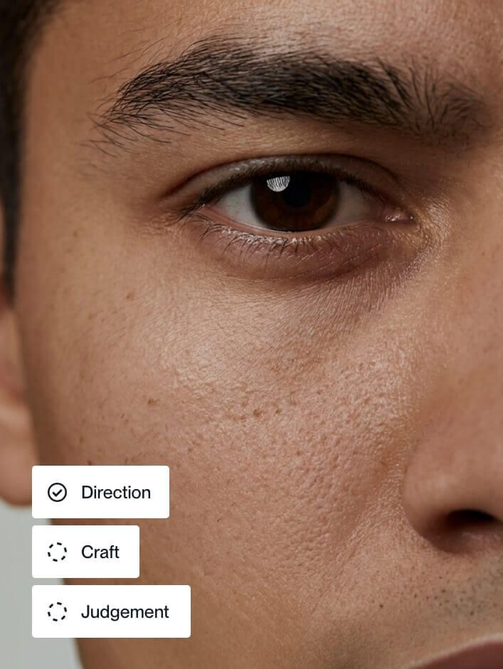A close-up portrait overlaid with three labels: Direction, Craft, Judgement.